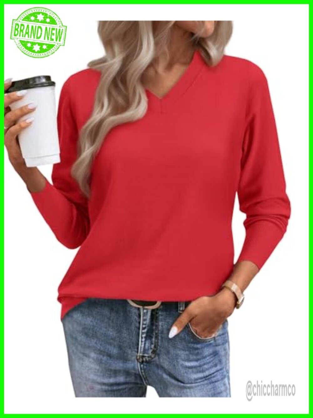 Women's Lightweight Ribbed Knit V-Neck Long Sleeve Pullover Sweater